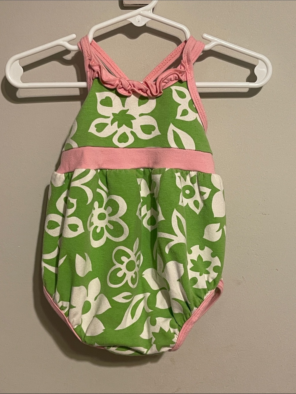 Green & Pink Floral Baby Romper 18M girls Patsy Aiken